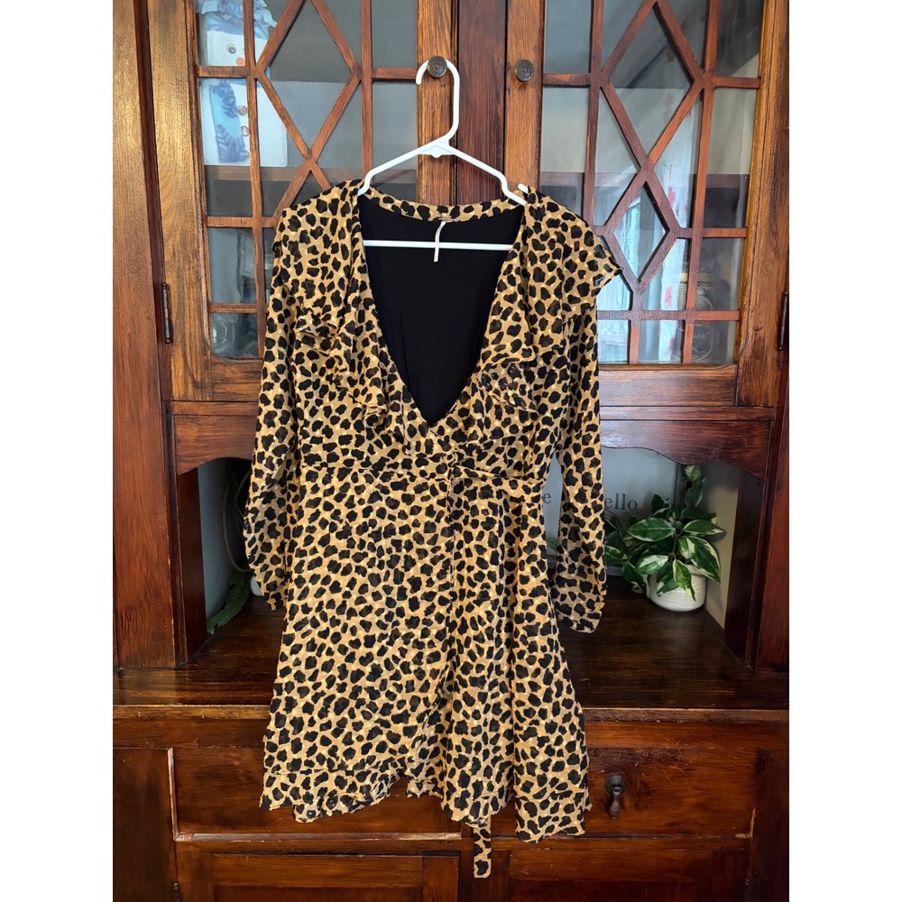 Free People Frenchie Leopard Print Ruffle Wrap Mini Dress Brown Black XS - Picture 2 of 7